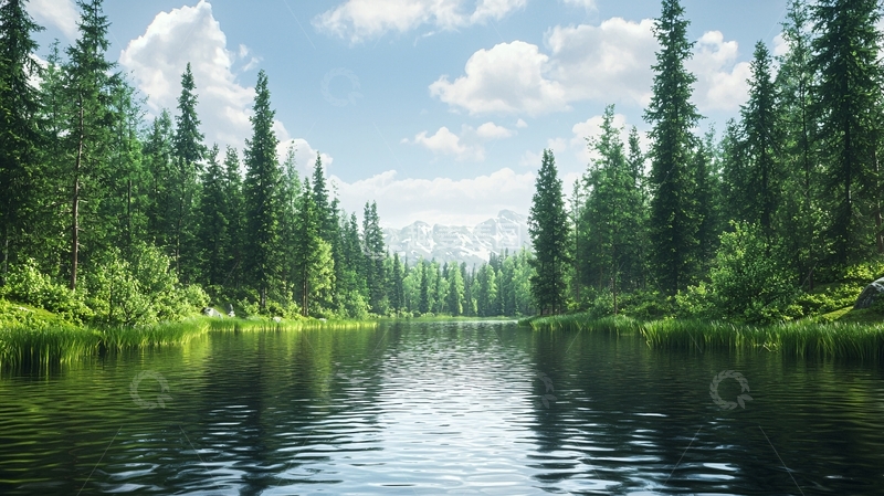 高清大图下载【趣麦麦图】湖面倒映着翠绿森林