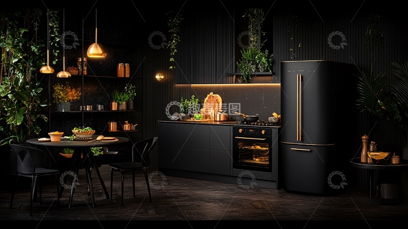 高清大图下载【趣麦麦图】豪华黑色厨房夜景