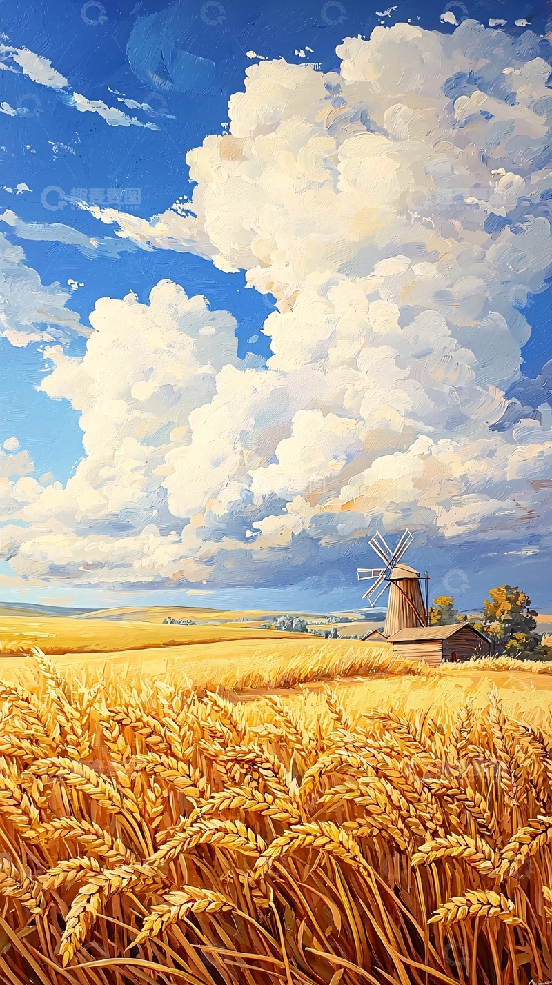 高清大图下载【趣麦麦图】麦田风车蓝天白云