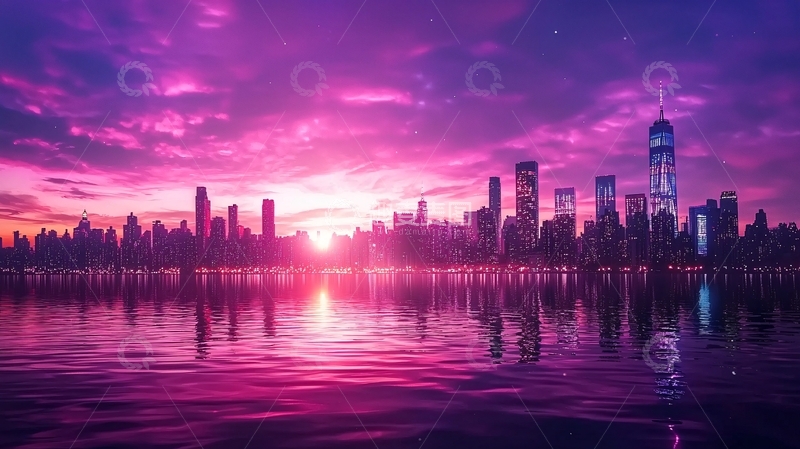 高清大图下载【趣麦麦图】紫色天空下的城市剪影