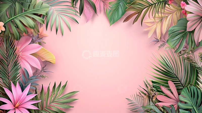 高清大图下载【趣麦麦图】粉色背景上的热带花卉绿叶