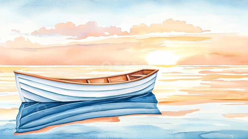 高清大图下载【趣麦麦图】水彩日落小船