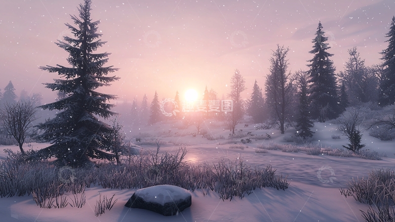 高清大图下载【趣麦麦图】雪后森林的日出美景