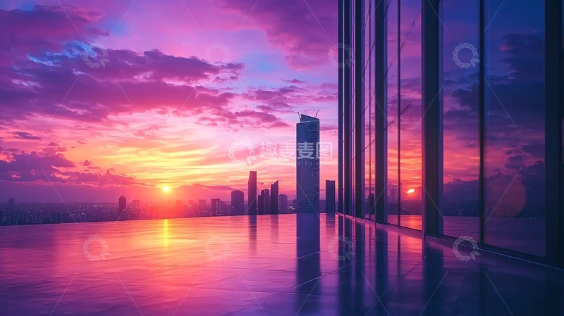 高清大图下载【趣麦麦图】绚丽日落下的城市天际线