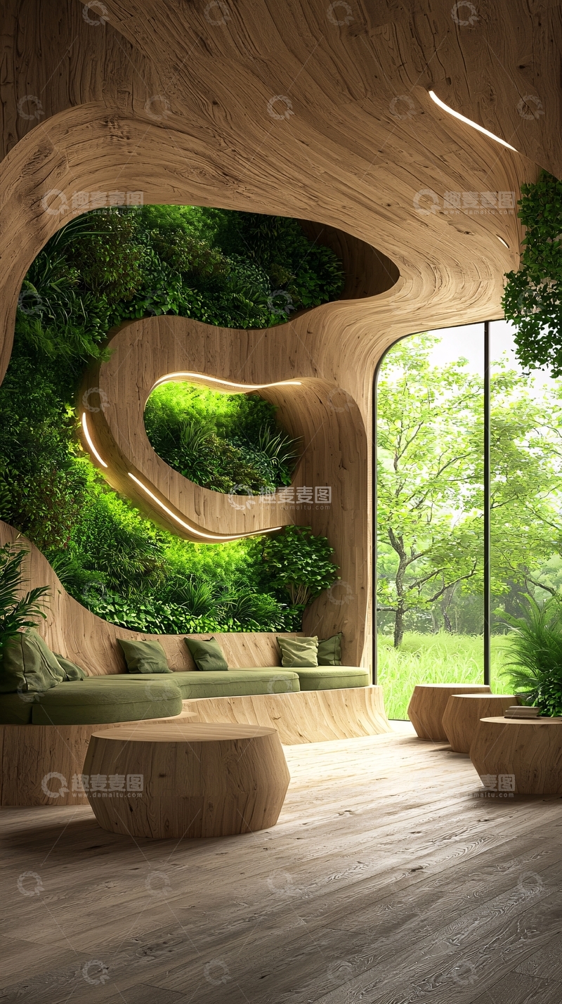 高清大图下载【趣麦麦图】曲线木质结构绿色空间