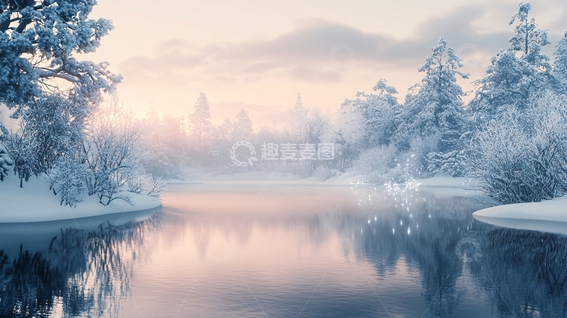 高清大图下载【趣麦麦图】雪后宁静湖面树林