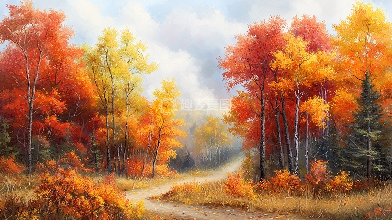 高清大图下载【趣麦麦图】秋天森林风景油画
