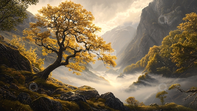 高清大图下载【趣麦麦图】金色山谷中的孤独树