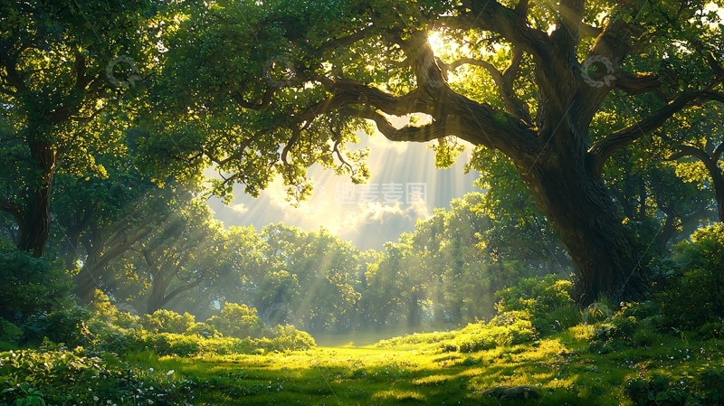 高清大图下载【趣麦麦图】阳光穿透森林的梦幻景象