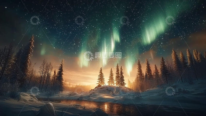 高清大图下载【趣麦麦图】极光下的冬季雪景森林