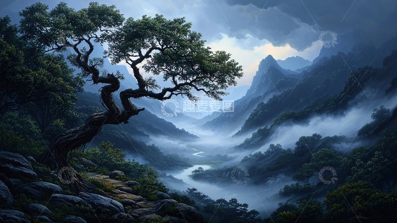 高清大图下载【趣麦麦图】山间雾气缭绕的树