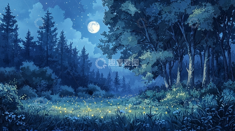 高清大图下载【趣麦麦图】月光下的森林草地梦幻场景