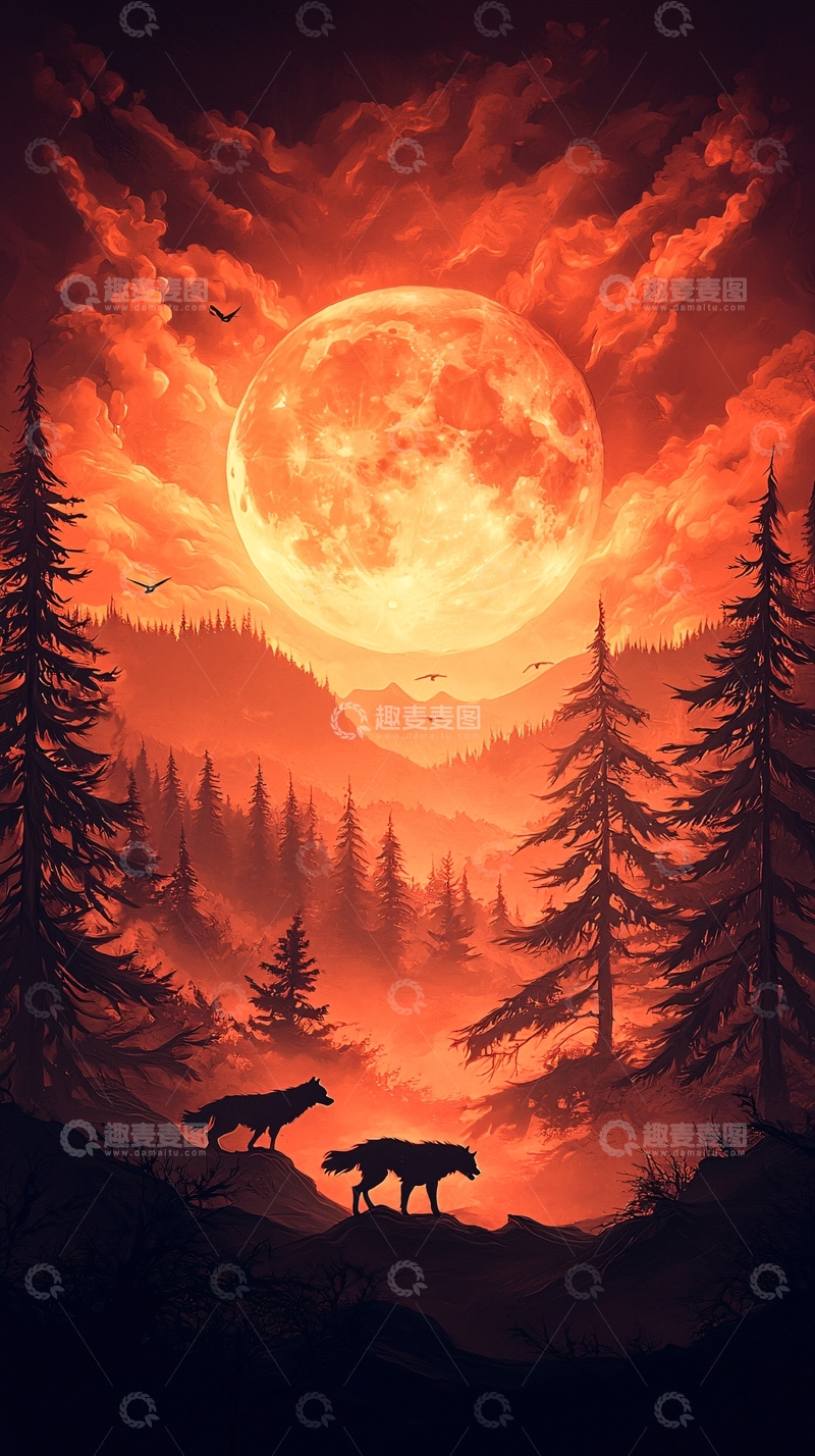 高清大图下载【趣麦麦图】血月下的狼群剪影