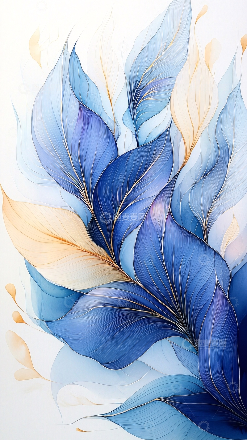 高清大图下载【趣麦麦图】蓝色调的植物叶片水彩画