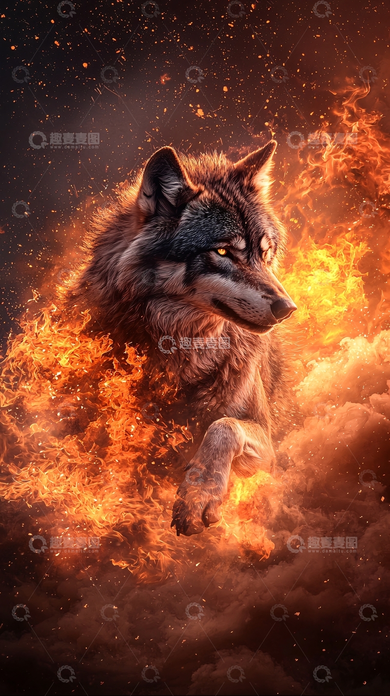 高清大图下载【趣麦麦图】火焰中的狼高清图片