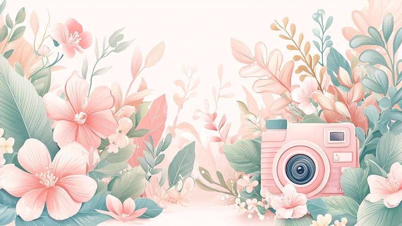 高清大图下载【趣麦麦图】粉色相机花卉清新背景