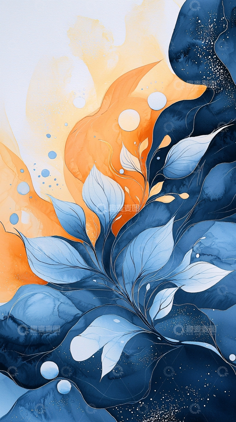 高清大图下载【趣麦麦图】蓝色叶子橙色背景抽象画