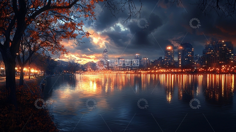 高清大图下载【趣麦麦图】秋夜城市倒影湖面