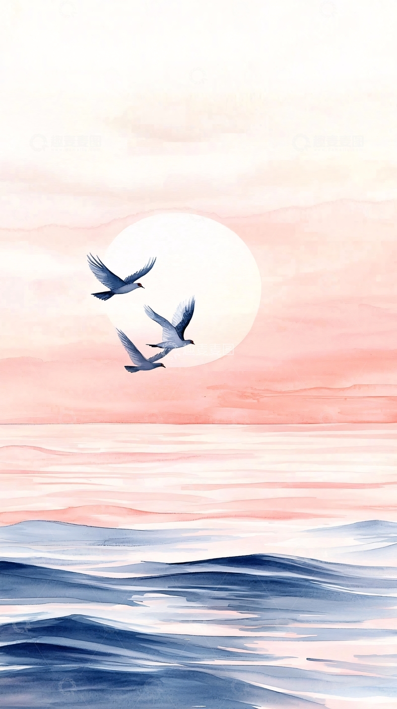 高清大图下载【趣麦麦图】海面飞鸟日出水彩画