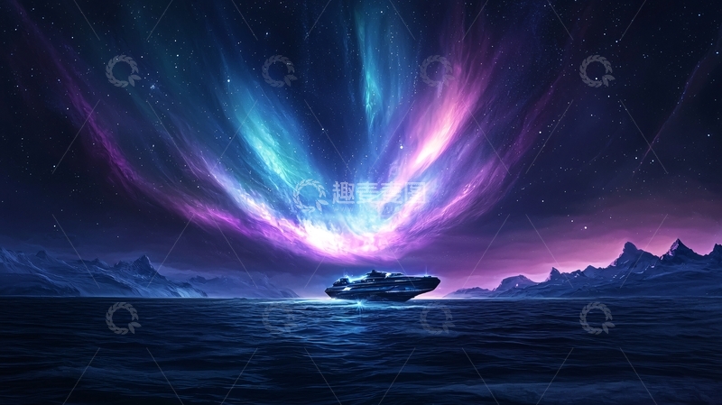高清大图下载【趣麦麦图】极光笼罩下的宁静海面