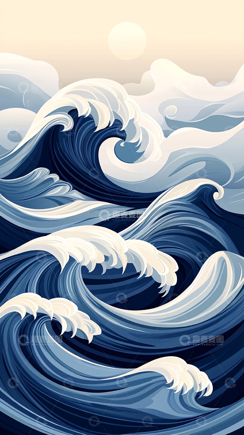 高清大图下载【趣麦麦图】波涛汹涌的海面与日出