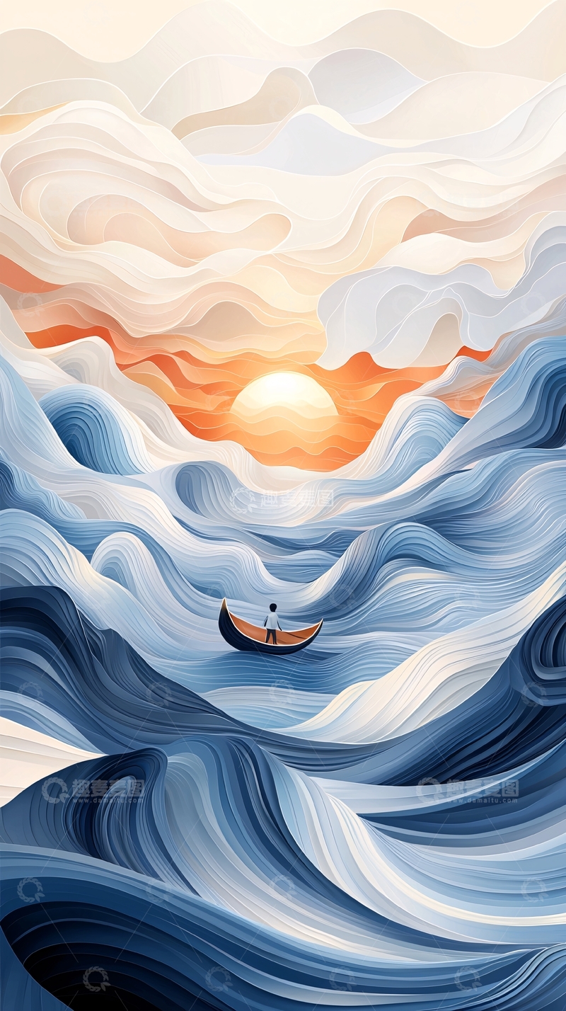 高清大图下载【趣麦麦图】海浪上的小船与日落