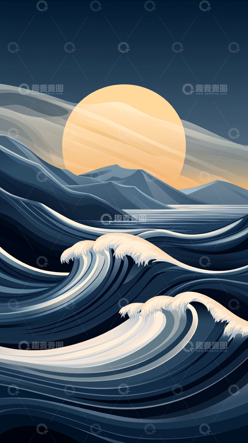 高清大图下载【趣麦麦图】海浪拍打海岸的抽象日落
