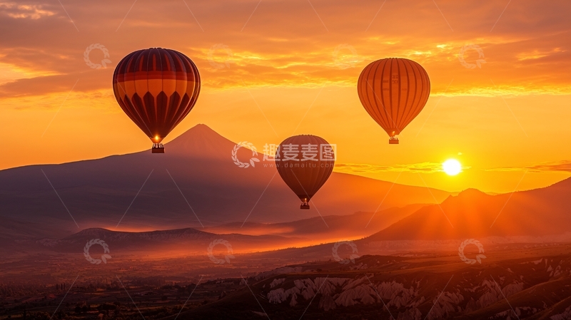 高清大图下载【趣麦麦图】热气球在日出时飞翔