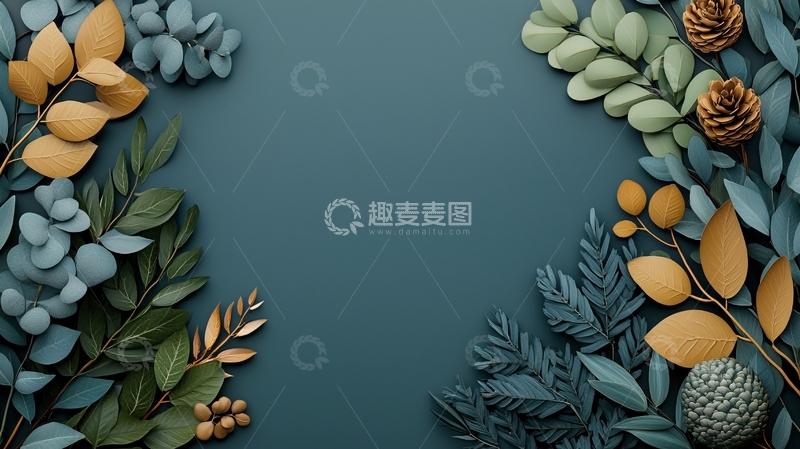 高清大图下载【趣麦麦图】深蓝色背景上的植物边框