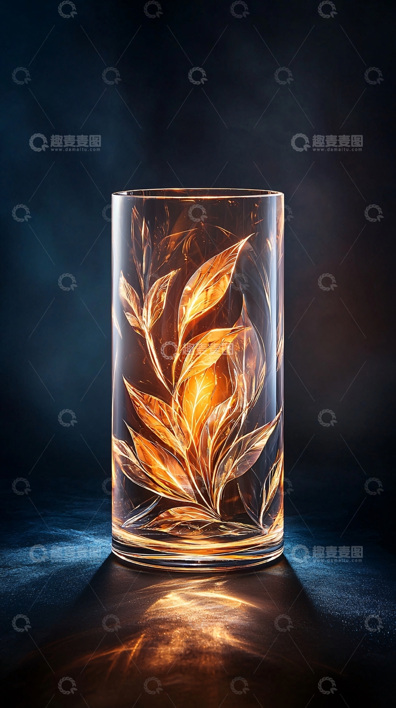高清大图下载【趣麦麦图】透明玻璃杯叶子图案光影