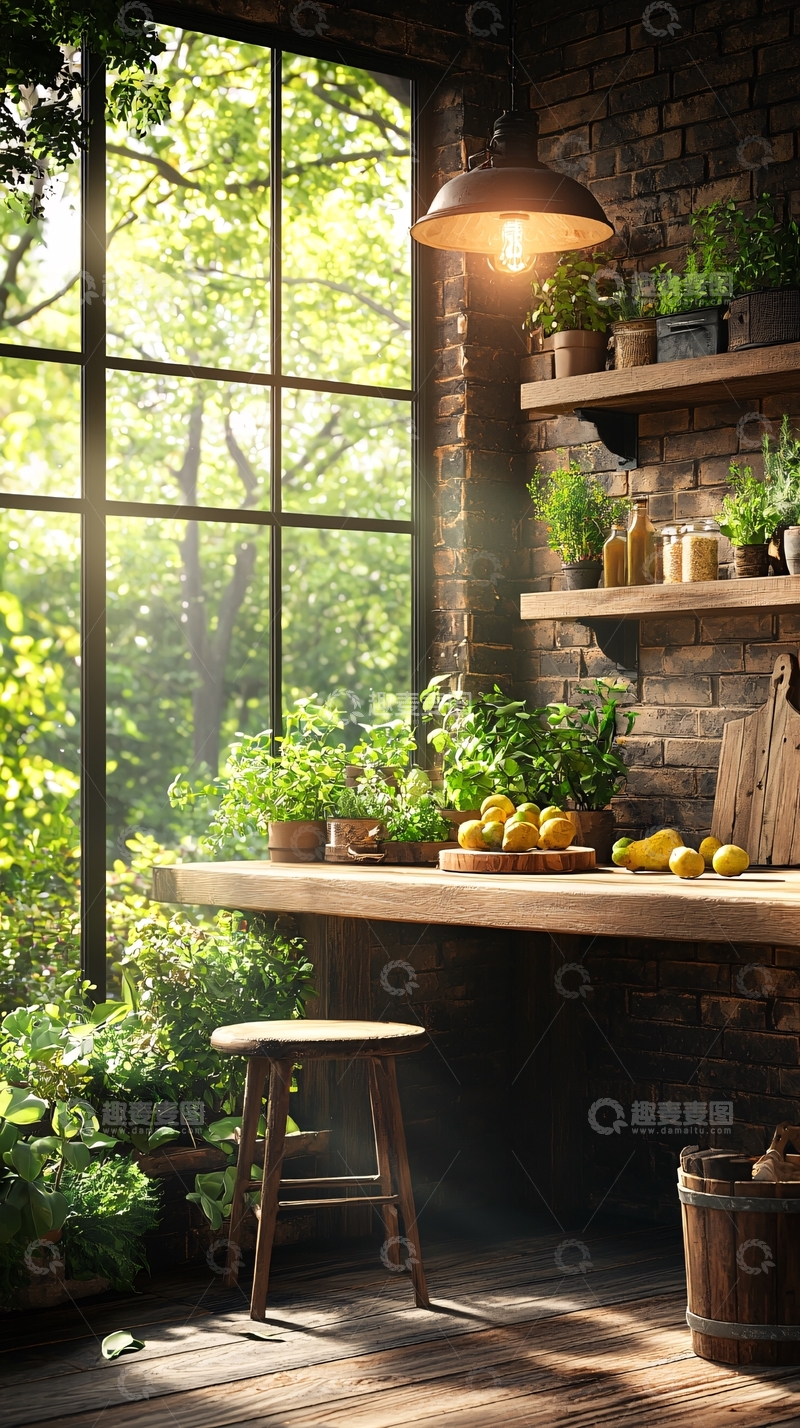 高清大图下载【趣麦麦图】室内植物阳光洒落的厨房