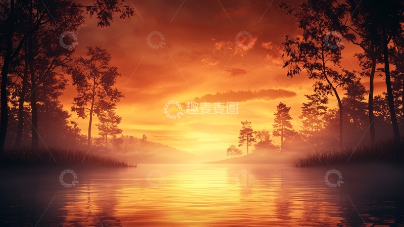 高清大图下载【趣麦麦图】金色湖面森林日落美景