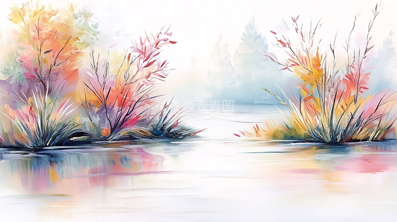 高清大图下载【趣麦麦图】水面倒影彩色树木