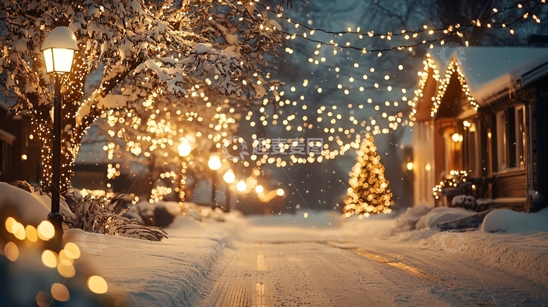 高清大图下载【趣麦麦图】白雪覆盖的圣诞小镇夜景