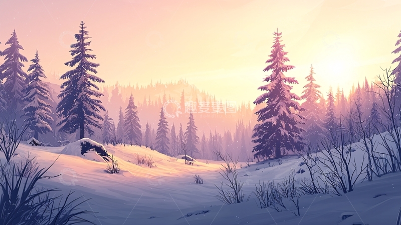 高清大图下载【趣麦麦图】雪地森林日出唯美插画