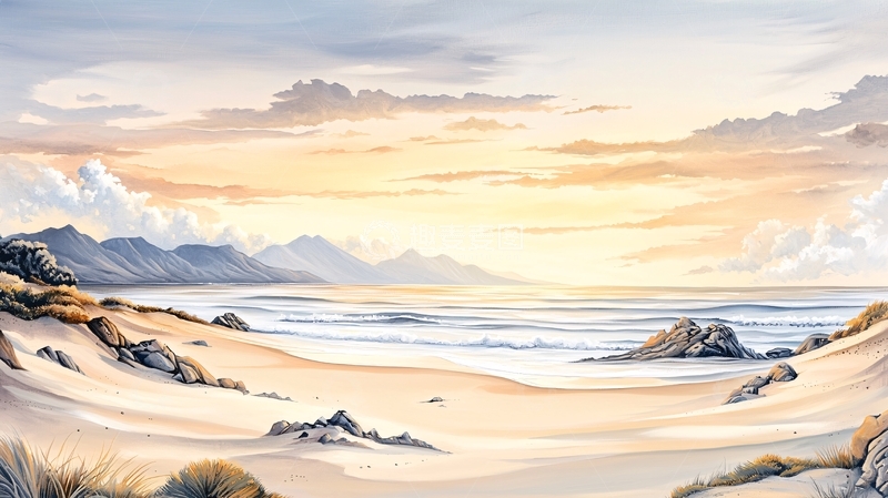 高清大图下载【趣麦麦图】平静海滩日落