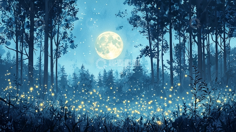 高清大图下载【趣麦麦图】月夜森林萤火虫