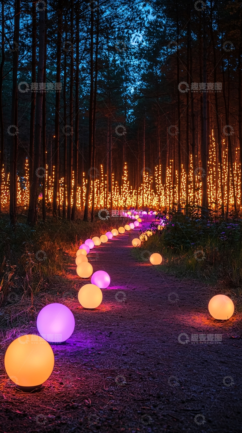 高清大图下载【趣麦麦图】梦幻森林小路灯光夜景
