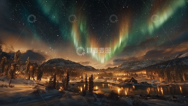 高清大图下载【趣麦麦图】极光下的北欧小镇