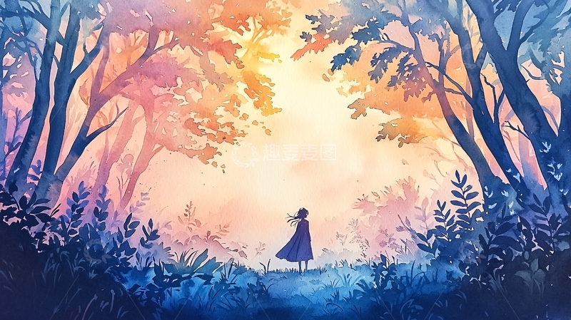 高清大图下载【趣麦麦图】水彩画森林里少女背影