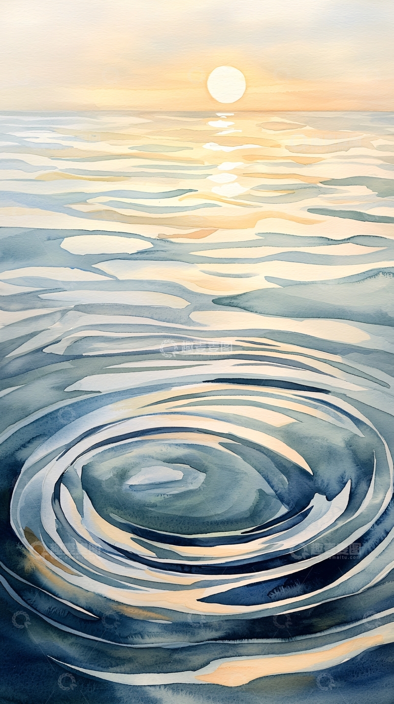 高清大图下载【趣麦麦图】宁静海面上的日落水彩画