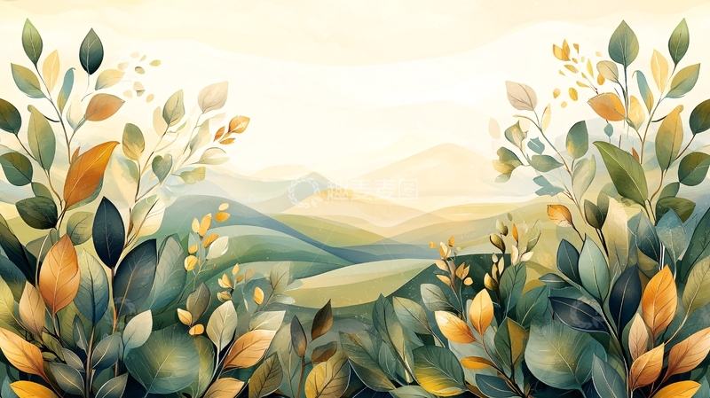 高清大图下载【趣麦麦图】水彩植物山景插画