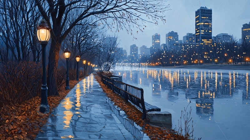 高清大图下载【趣麦麦图】城市夜景水边长椅路灯