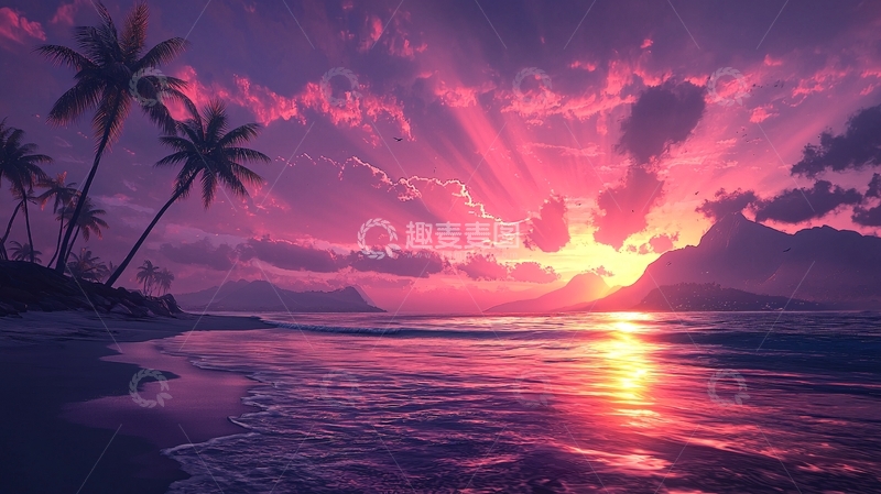 高清大图下载【趣麦麦图】粉色天空下的海边日落