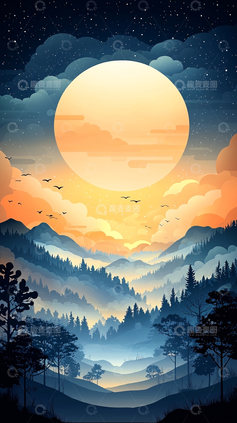 高清大图下载【趣麦麦图】静谧唯美月夜山景图