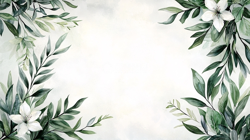 高清大图下载【趣麦麦图】淡雅绿叶花卉边框背景