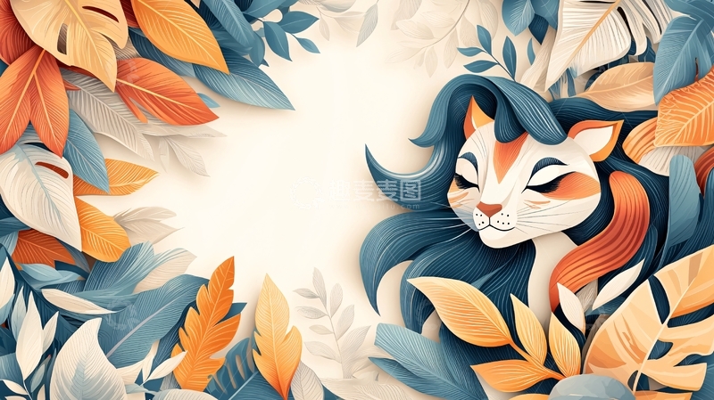 高清大图下载【趣麦麦图】卡通猫咪和秋叶的插画