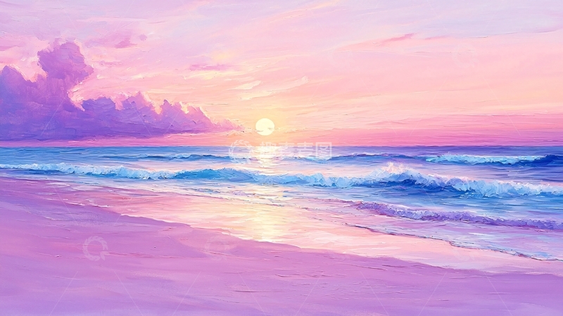 高清大图下载【趣麦麦图】粉色天空下的海滩日落