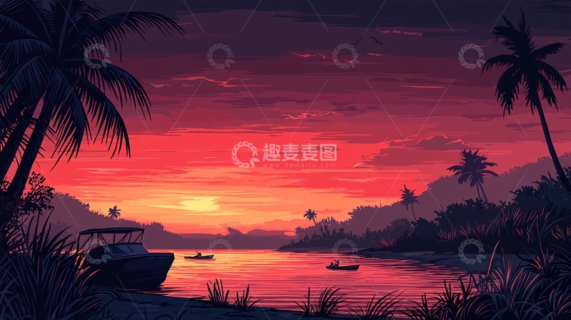 高清大图下载【趣麦麦图】热带日落的宁静水面