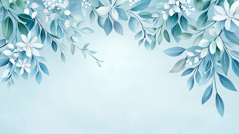 高清大图下载【趣麦麦图】淡蓝色花卉叶子边框